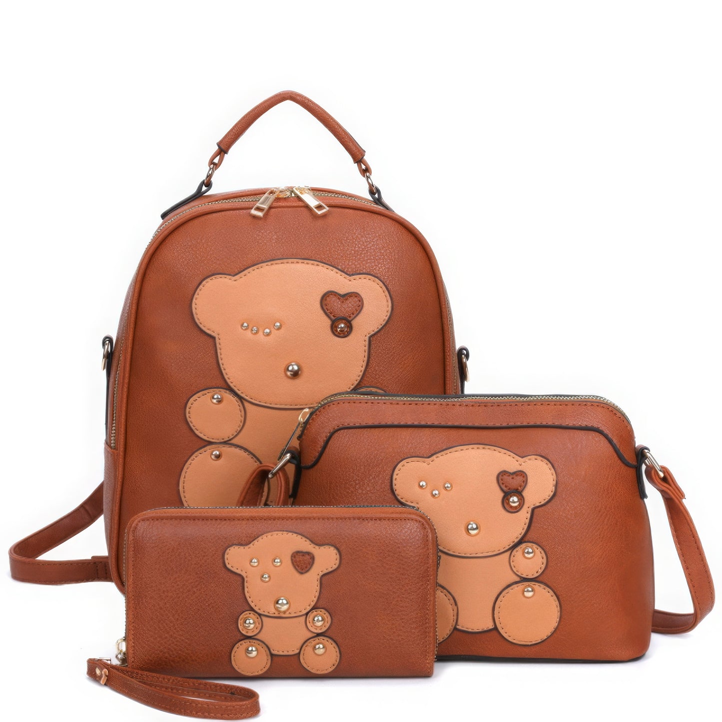 3in1 Cute Bear Design Handle Backpack W Crossbody And Wallet Set